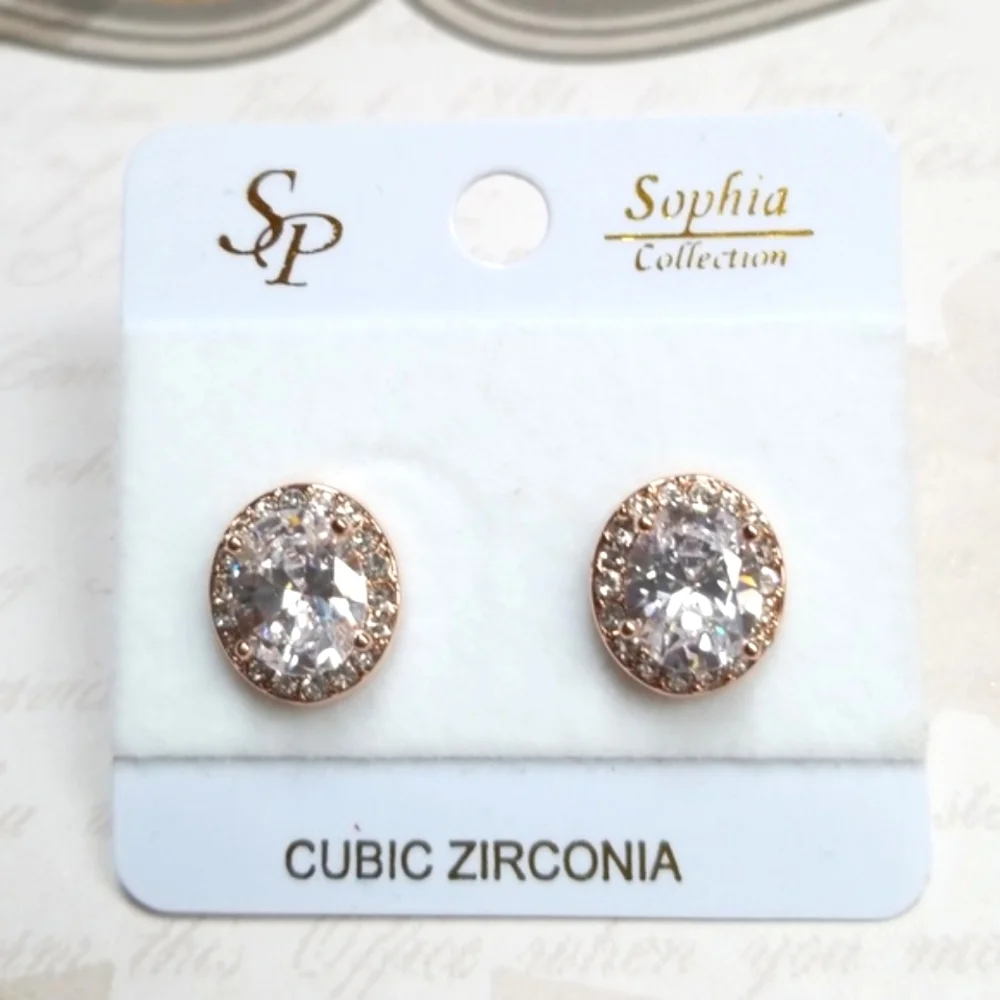 Cubic Zirconia Rose Gold Post Back Oval Earrings For Pierced Ears - Picture 6 of 12